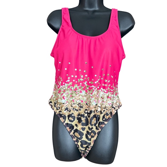 Pink Mixed Gold Petals & Animal Print One Piece Swimsuit Women's Size XL - Picture 6 of 13